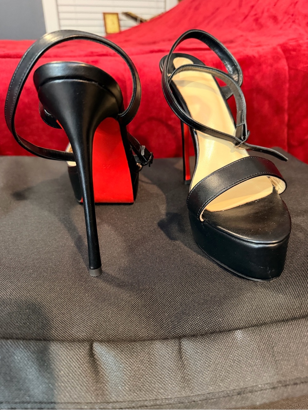 Black High Heel Platform Sandals with Red Sole